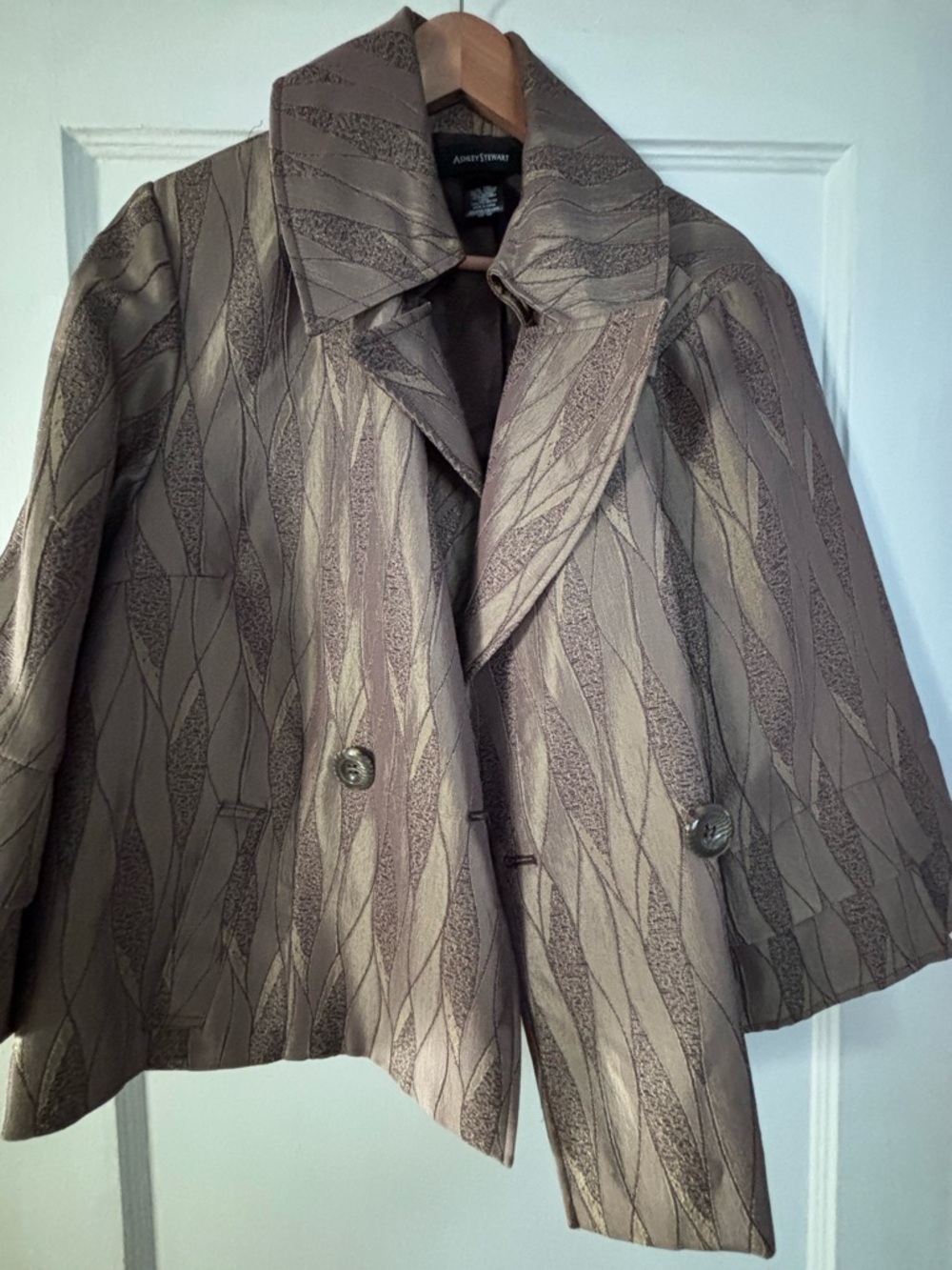 Ashley Stewart Taupe Patterned Double-Breasted Pea Coat